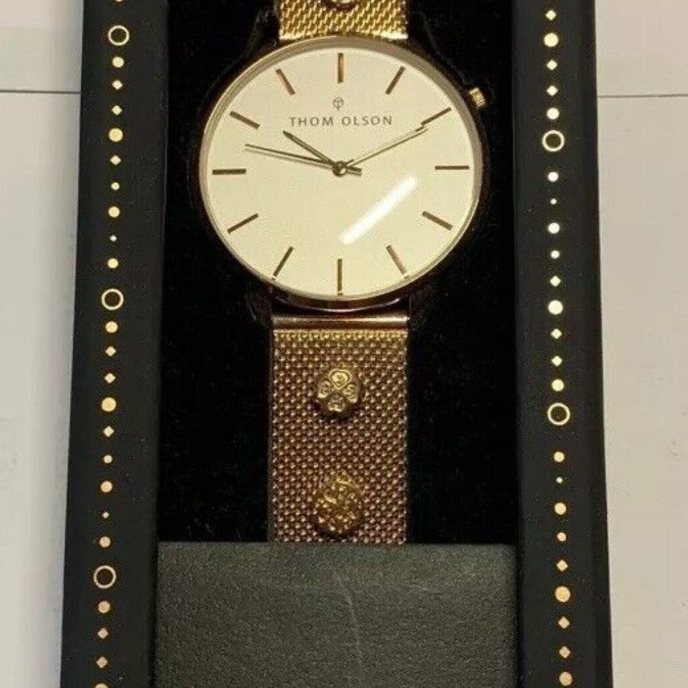 $99.00 New! Thom Olson Women's Gold Metal Strap Watch Removable Charms! + Box